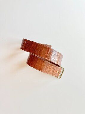 ARTHUR MENDONCA Brown Croc Embossed Leather Wide Waist Belt, Size 32/S